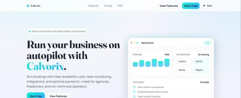 Calvorix feature page: booking pages, team scheduling and payments