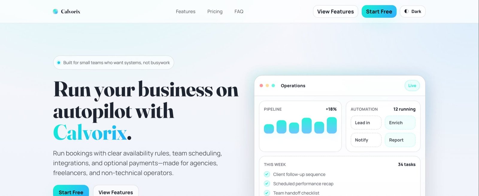 Calvorix feature page: booking pages, team scheduling and payments