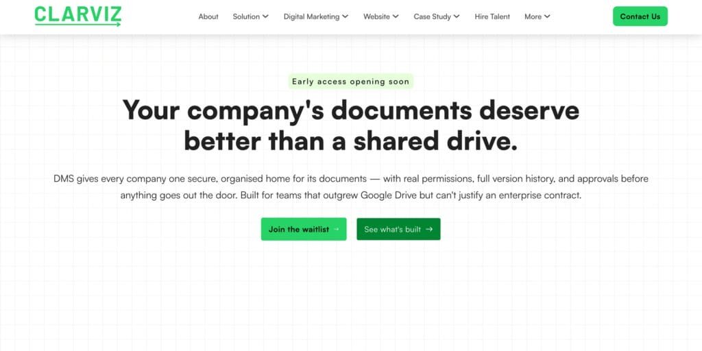 Clarviz DMS page: document management with permissions, version history and approvals