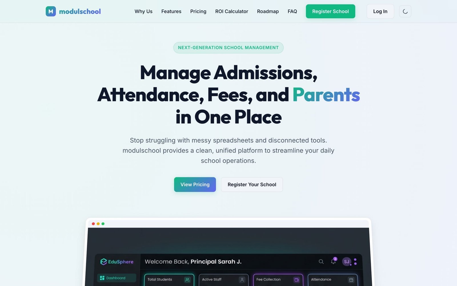modulschool landing page: school ERP for admissions, attendance, fees and parents