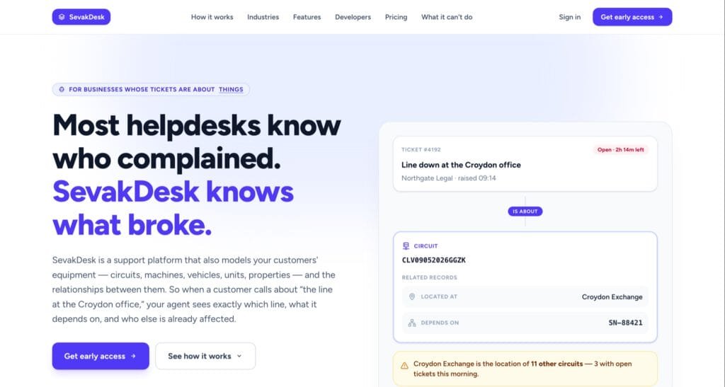 SevakDesk landing page: a helpdesk that links each ticket to the customer equipment it is about